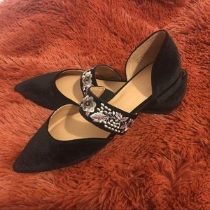 Bettye Muller Black velvet embroidered flat